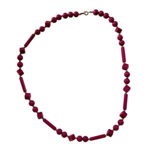 Vintage Hot Pink Beaded Necklace With Round Cube & Tube Beads Gold Tone Accents